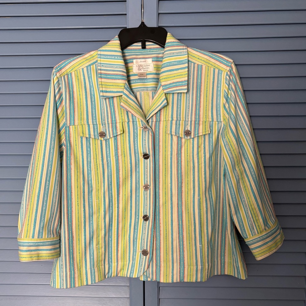 Vintage Shacket Jacket C & B PXL Lime Green & Teal 3/4 Sleeve Textured Stripes